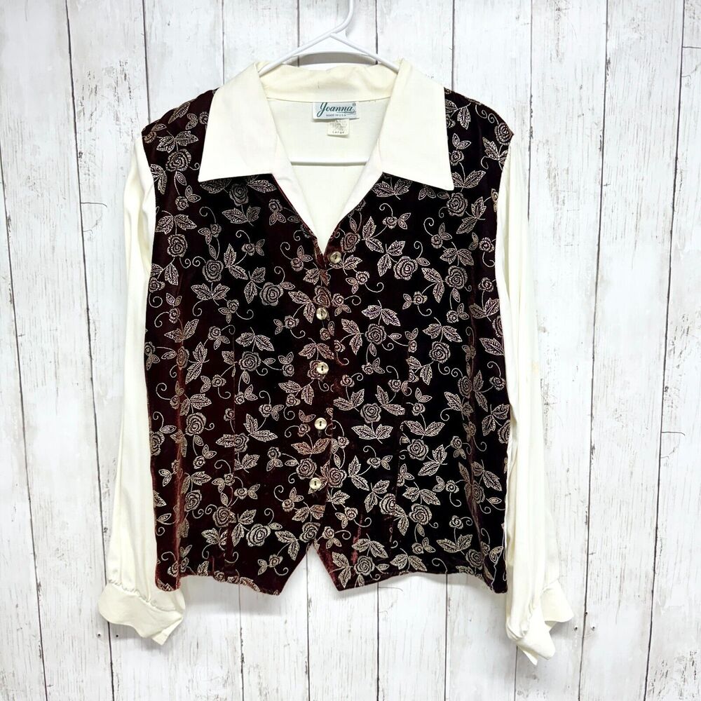 VTG Joanna Shirt Women Size L Button Down Floral Velvet Long‎ Sleeve Collared